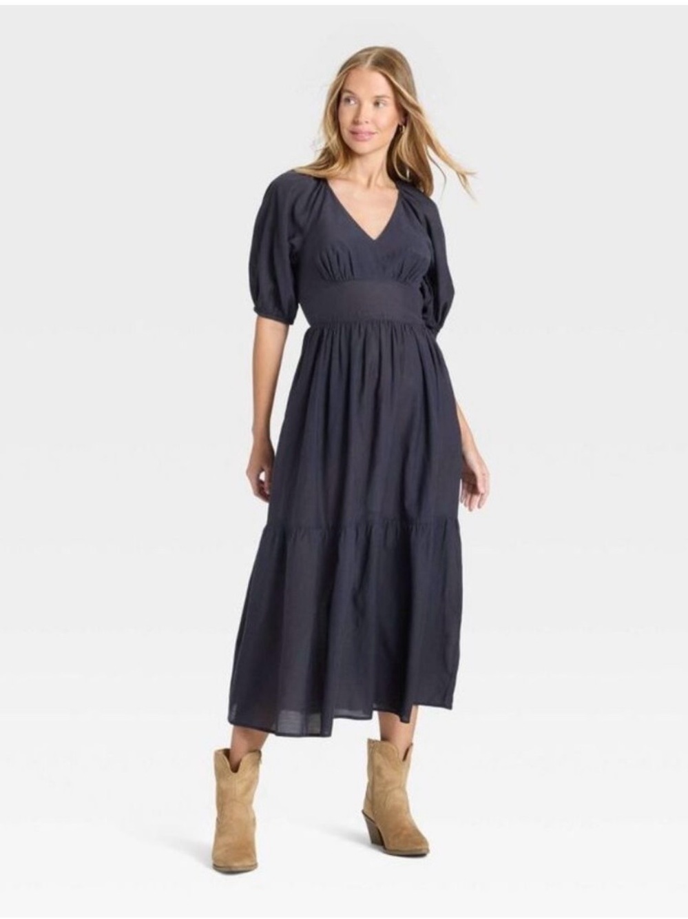 Universal Thread Navy Blue V-Neck Puff-Sleeve Maxi Dress